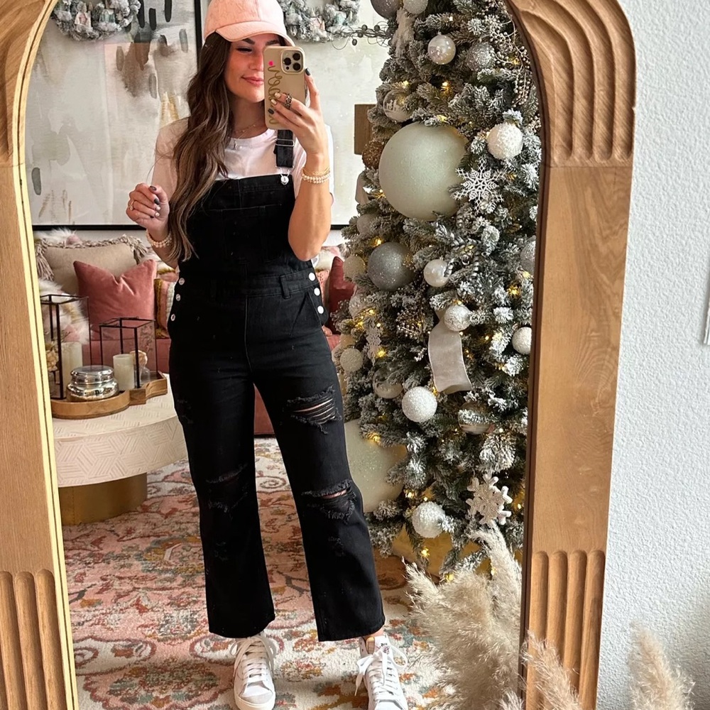 Pink Lily Black Distressed Denim Overalls
